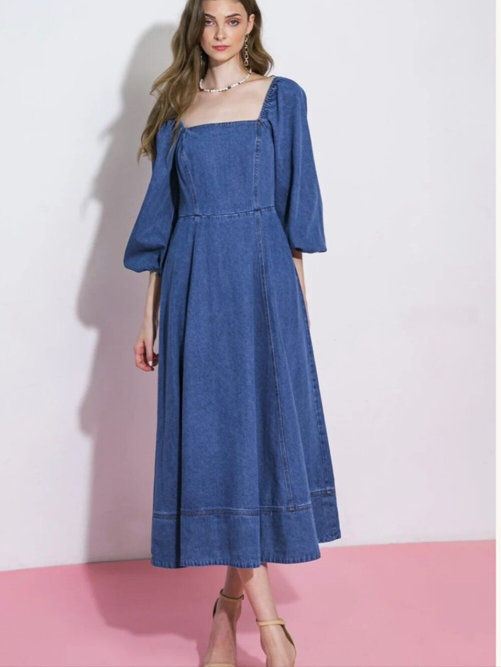 Square-Neck Denim Midi Dress with Puff Sleeves - Blue